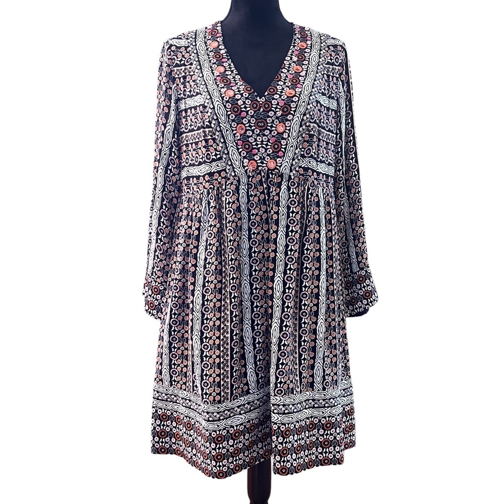 Anthropologie Maeve Naomi Embroidered Tunic Dress Small Boho V-Neck Pockets